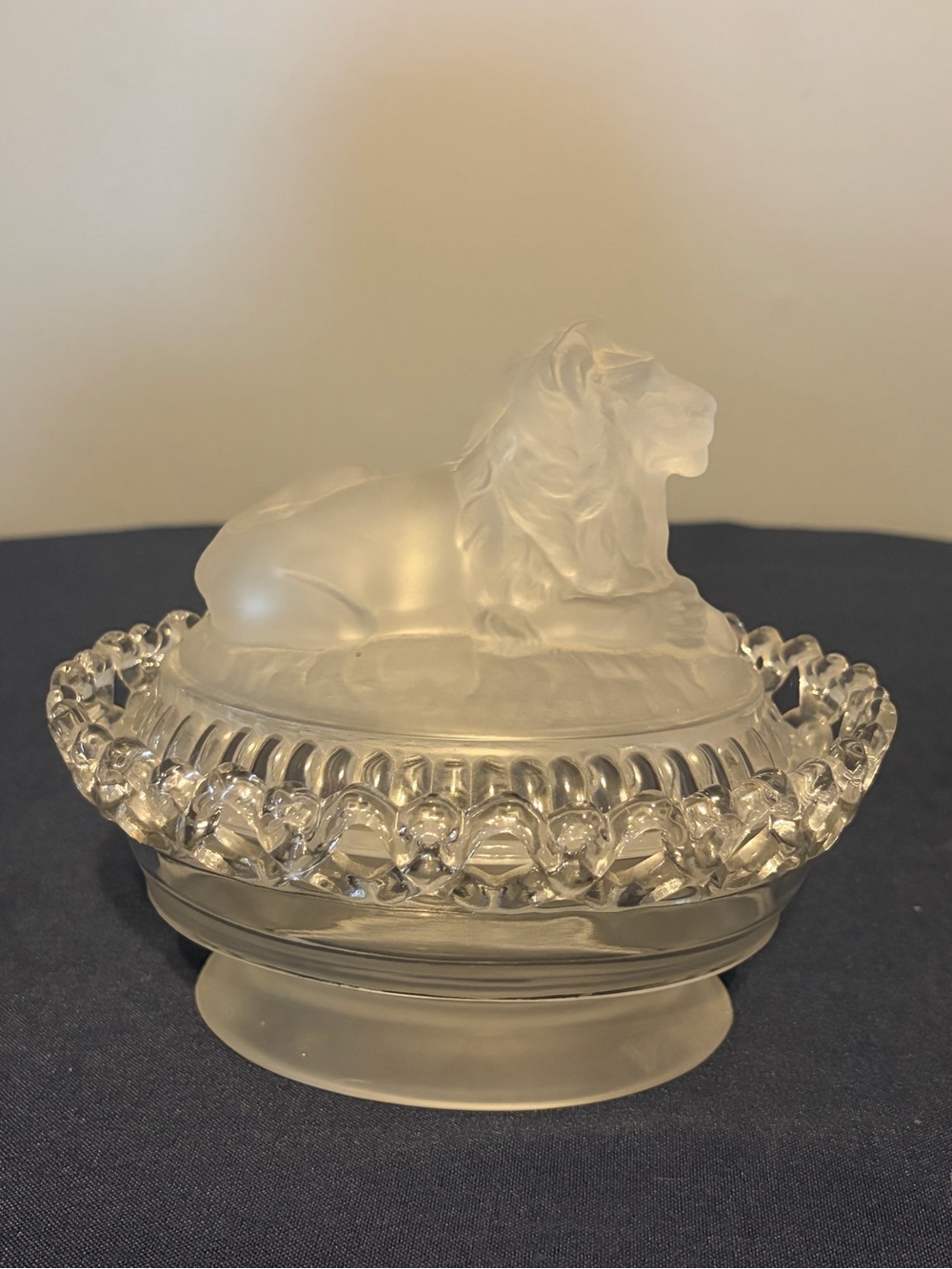 Imperial Glass Atterbury 1889 Frosted Lion Candy Dish With Dancing Sailor Rim.